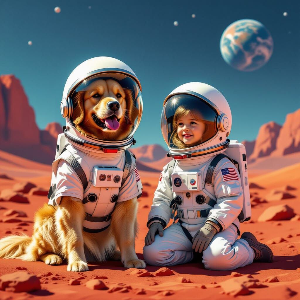 Golden Retriever Astronaut and Girl on Mars
