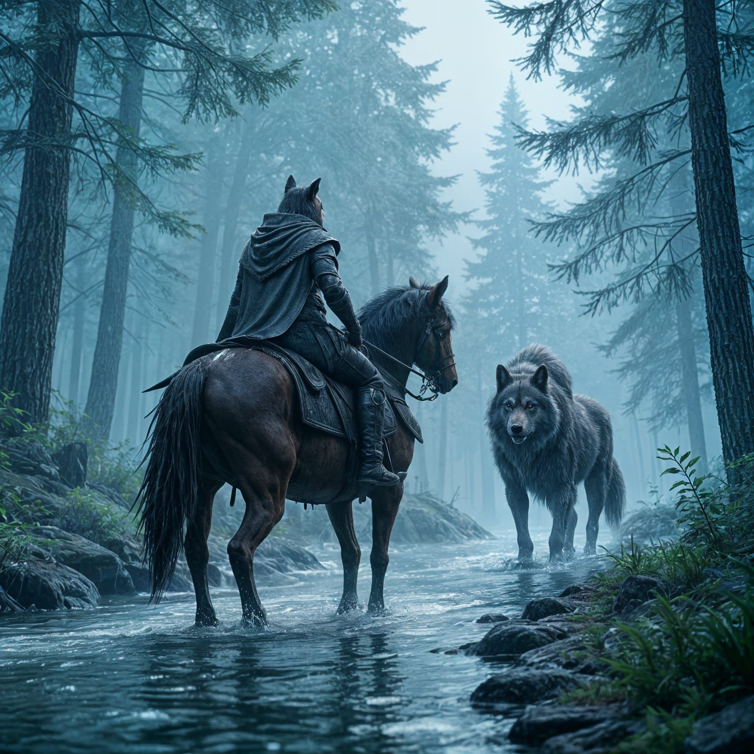 Dog Rides Horse Through Forest with Werewolf
