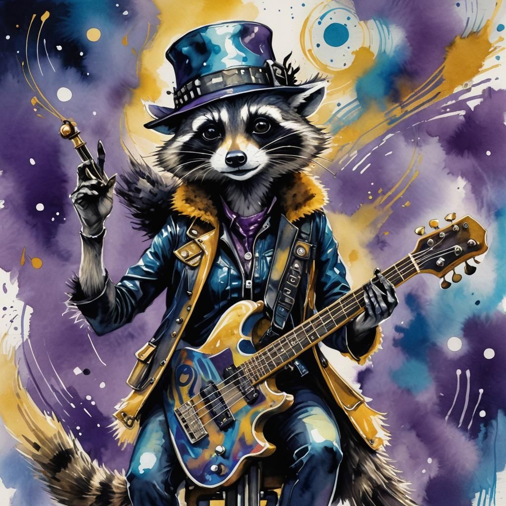 Surreal Jazz Scene with Raccoon Woman in Watercolor Style