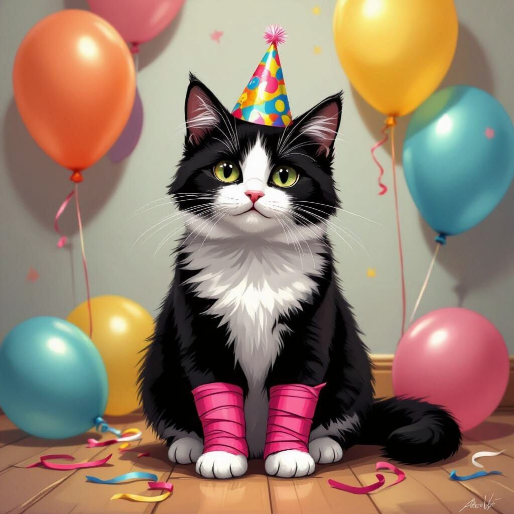 Tuxedo Cat Celebrates Birthday with Bandages