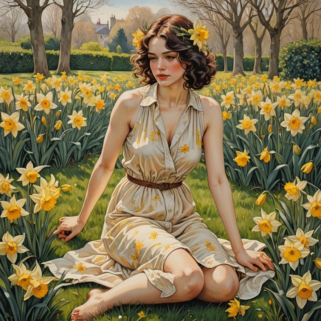 Daffodil Woman in Garden, Figurative Art