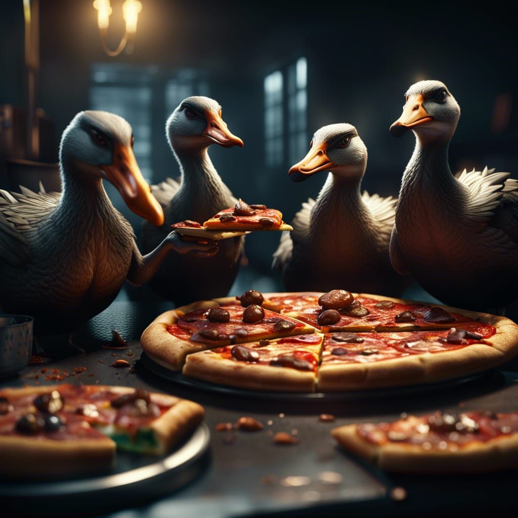 Geese Enjoying Pizza: A Noir-Style Gathering