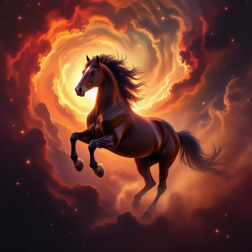 Cosmic Horse Nebula in Crimson and Gold