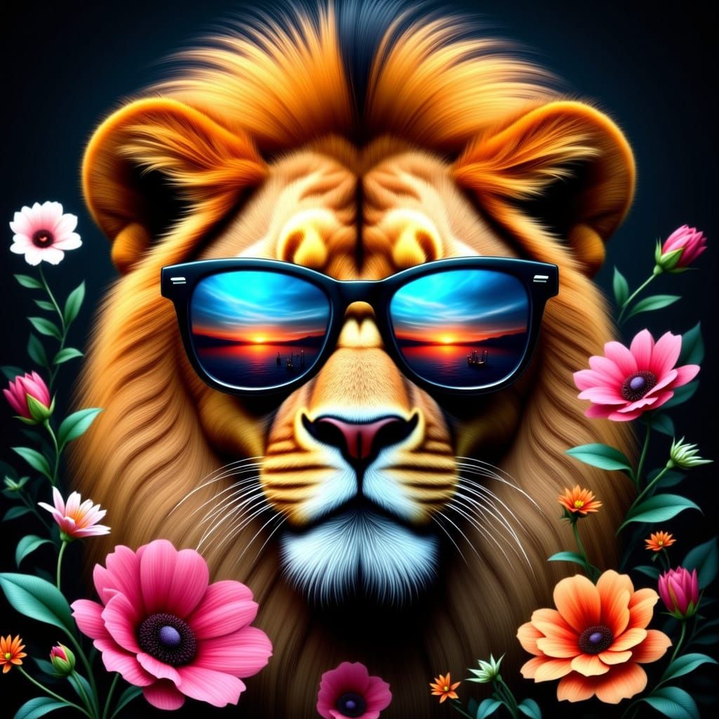 Surreal Lion Wearing Sunglasses with Colorful Reflection