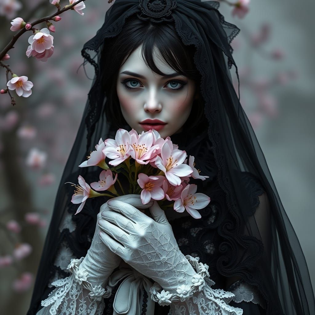 Gothic Femme Fatale Adorns Sakura Blooms in Victorian Myster...