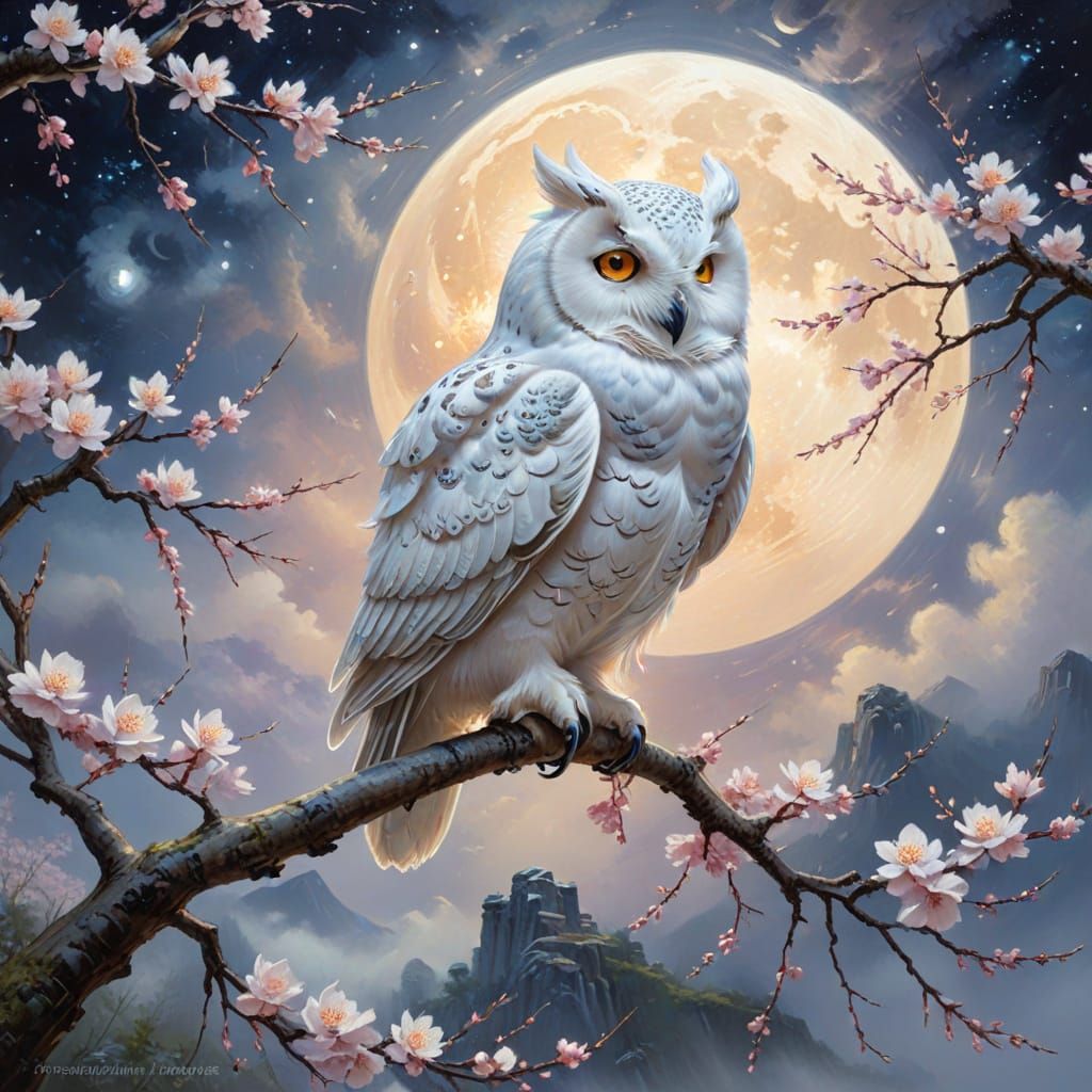 Impressionist Oil Painting of White Owl Under Glowing Moon