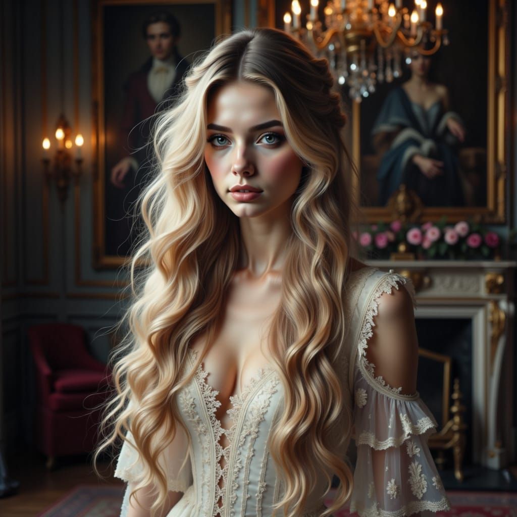 Elegant Woman in Vintage Gown, Chiaroscuro Style