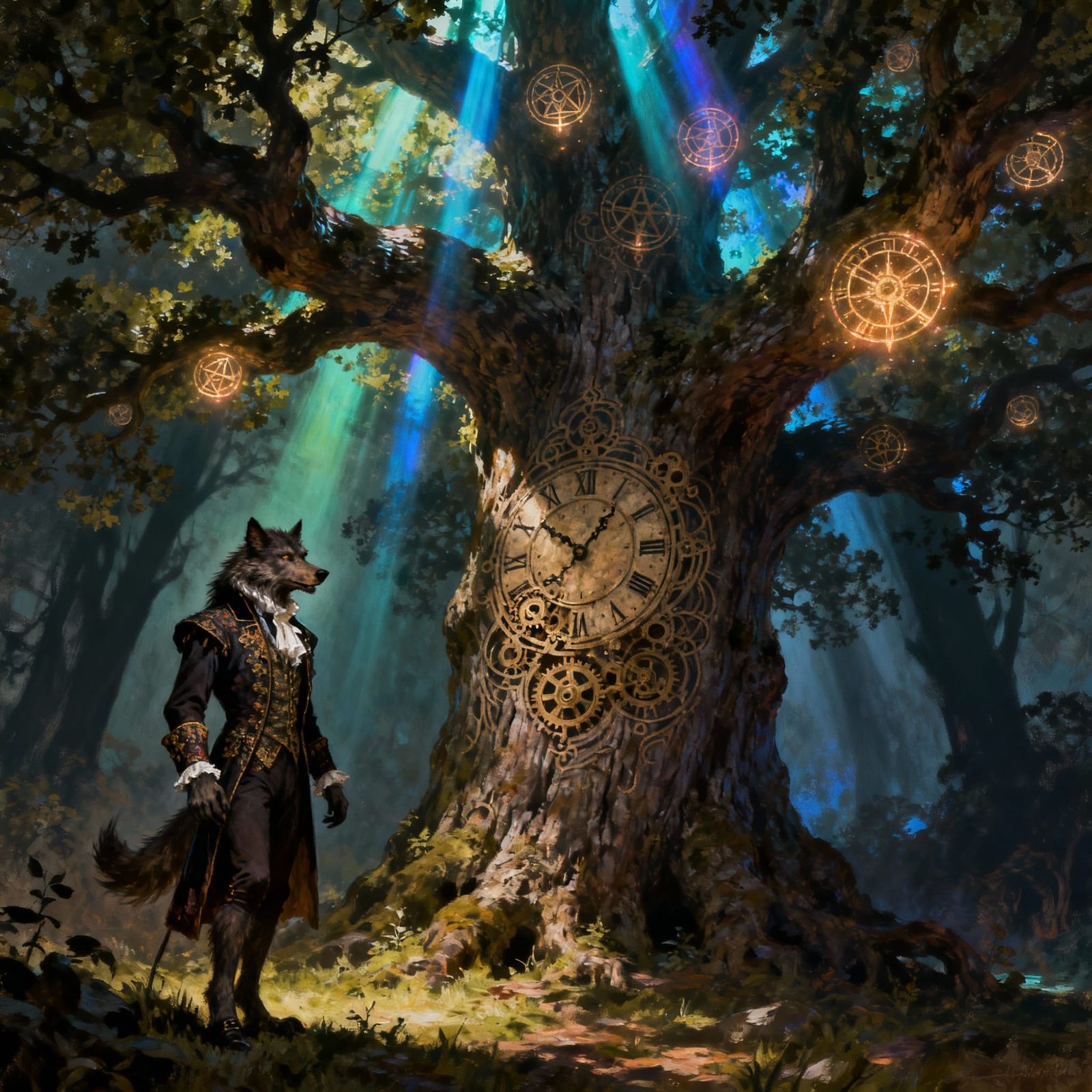 Werewolf in Victorian Attire Before Clockwork Oak Tree
