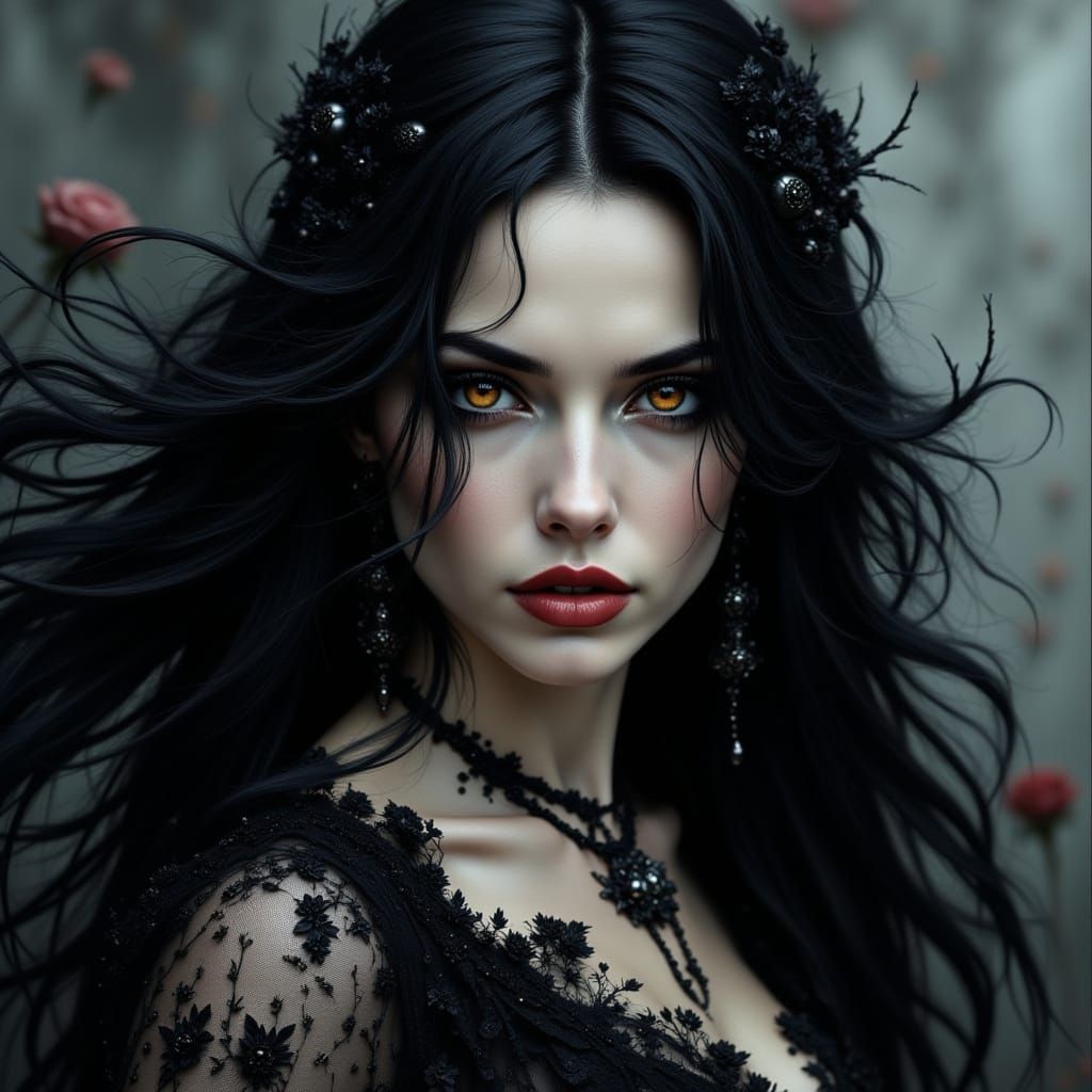 Mysterious Woman With Crimson Eyes in Sheer Gown