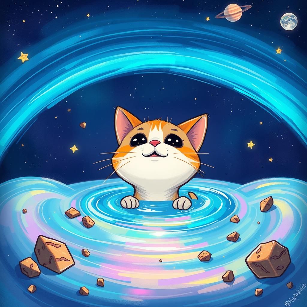 Cartoon Cat Emerges from Iridescent Cosmic Lake