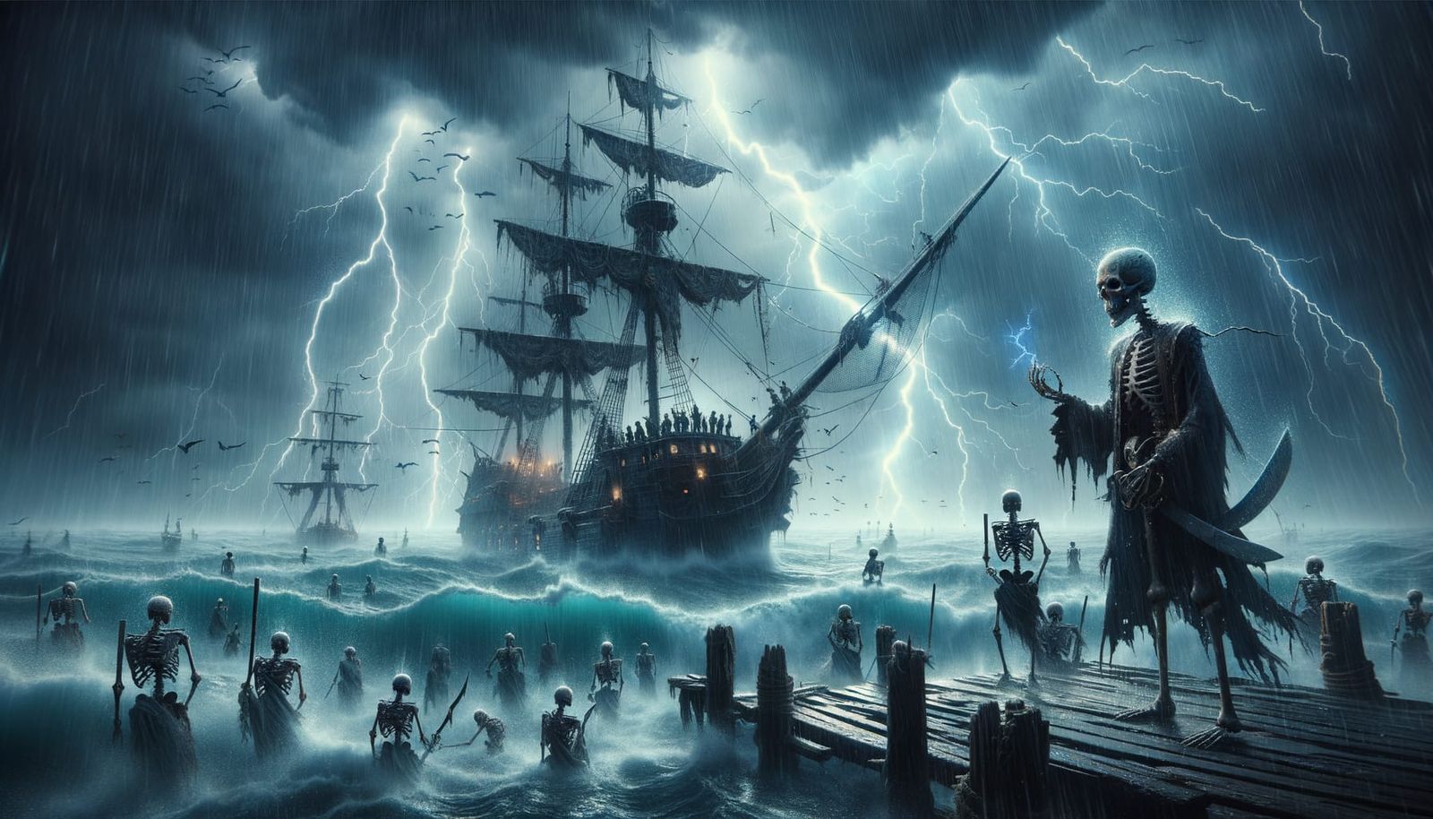 Eerie Skeletal Pirate Crew in Stormy Digital Painting