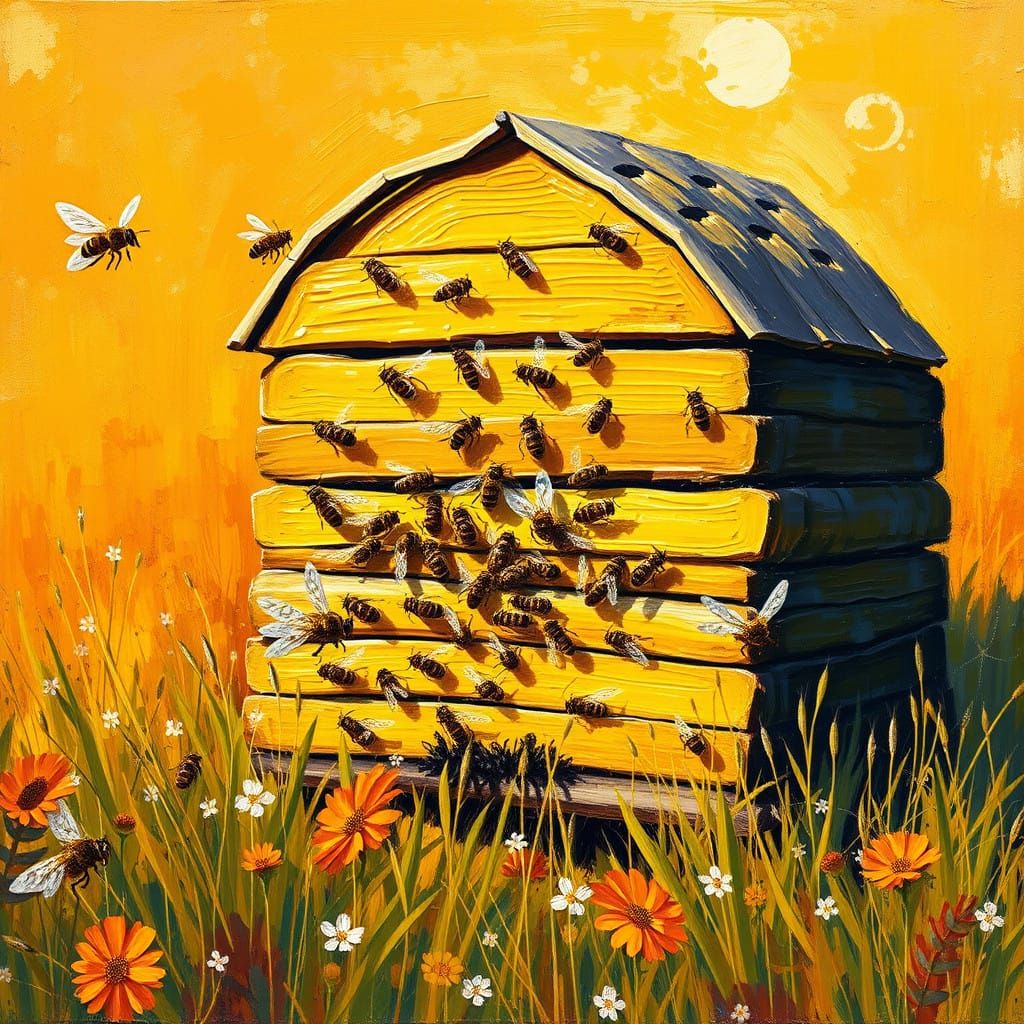 Vibrant Golden Beehive in American Regionalist Style