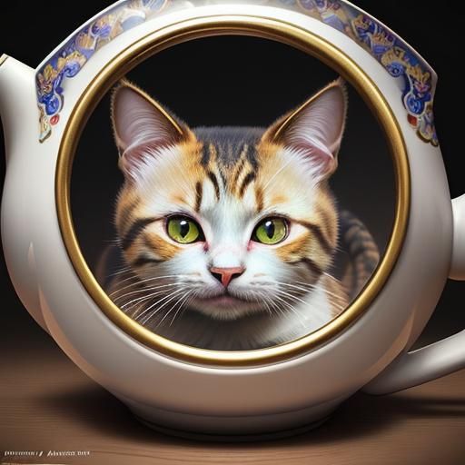 Mischievous Cat Teapot in Pen and Ink Style