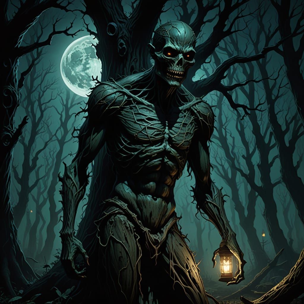 Dark Fantasy Ghoul Fused to Dry Tree in Moonlit Forest