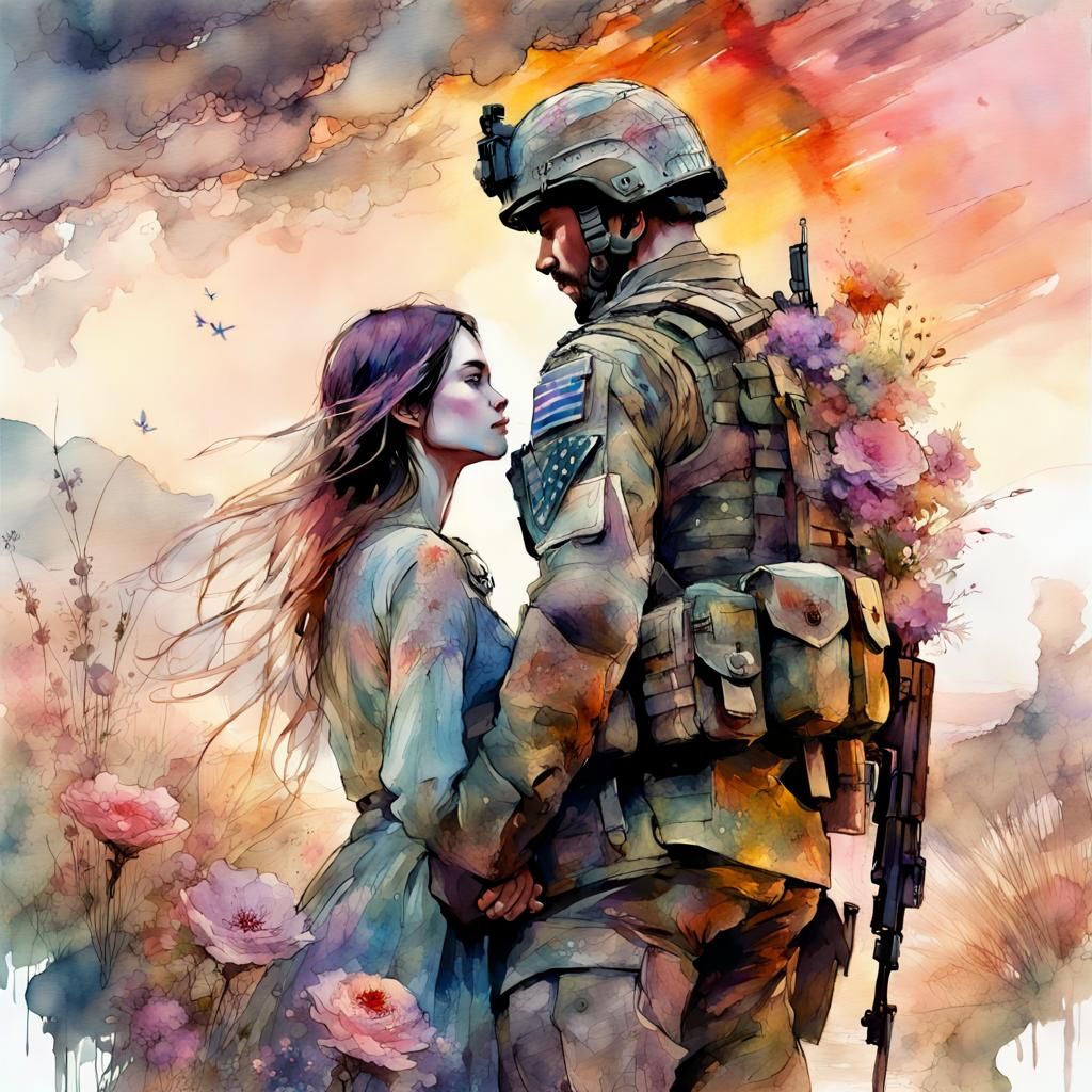 Soldier's Farewell: A Digital Watercolor Masterpiece
