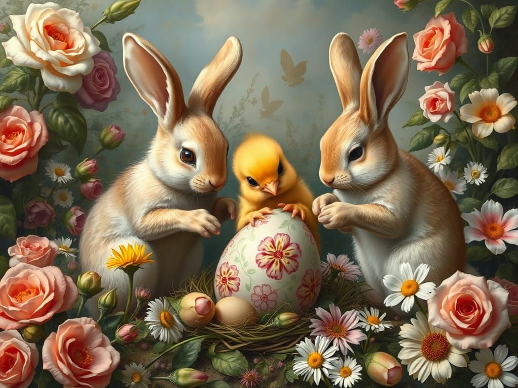 Easter Bunnies Decorating Eggs in Renaissance Landscape