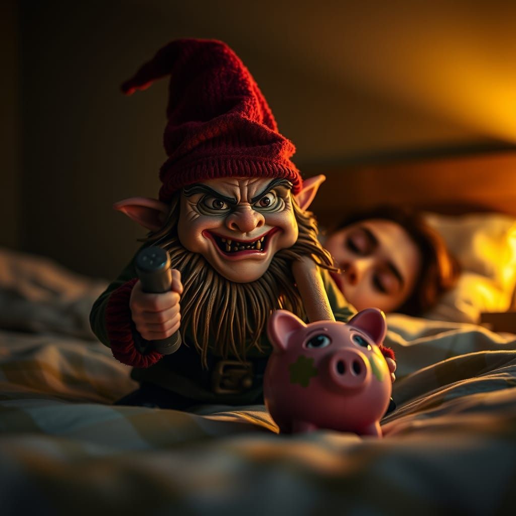 Sinister Gnome Smashes Piggy Bank in Cozy Bedroom