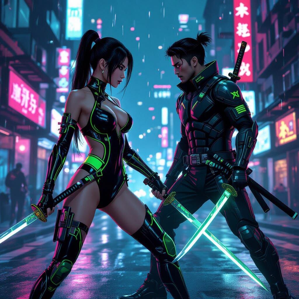 Futuristic Asian Ninjas Duel in Cyberpunk Cityscape