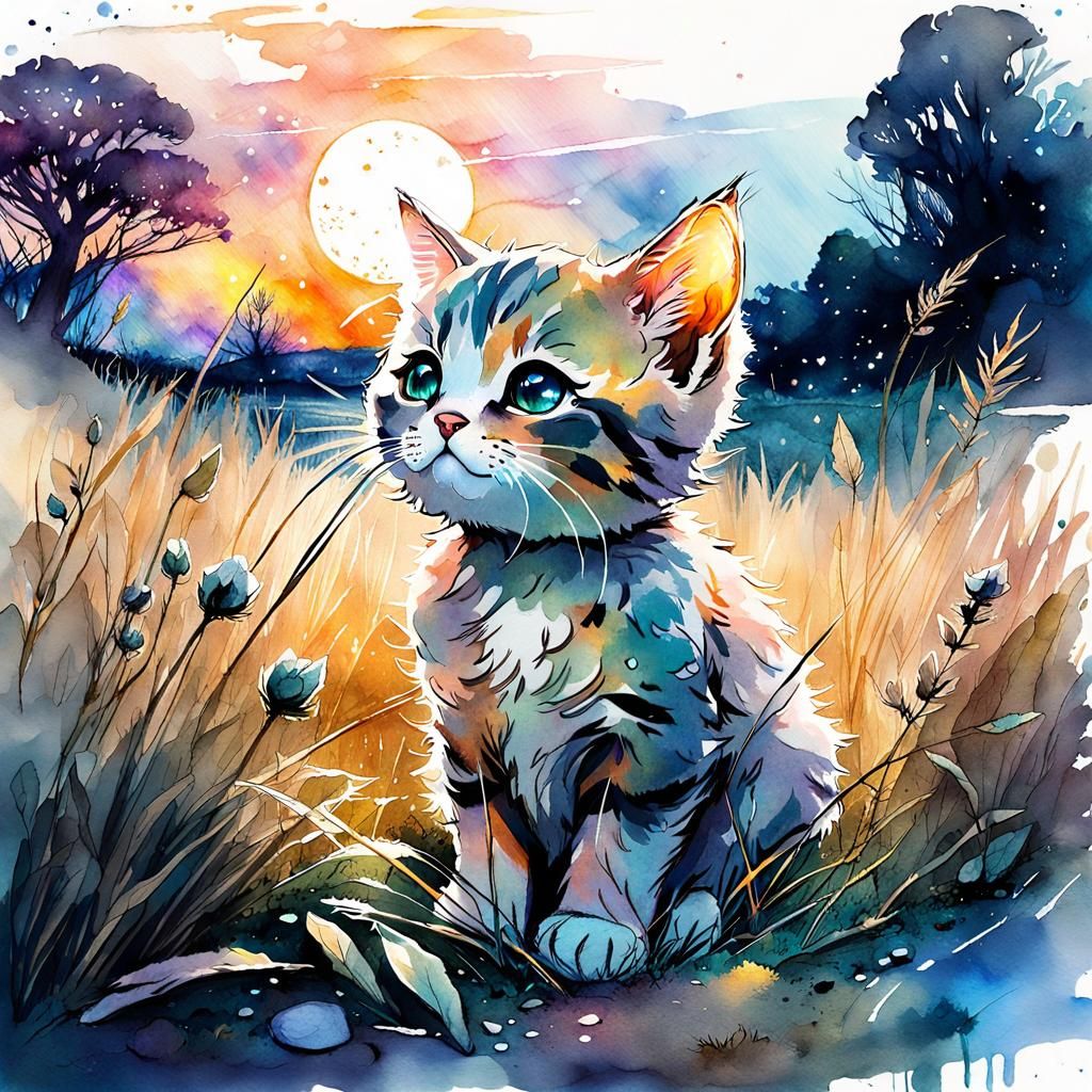 Cute Chibi Cat in Meadow at Night as Watercolor
