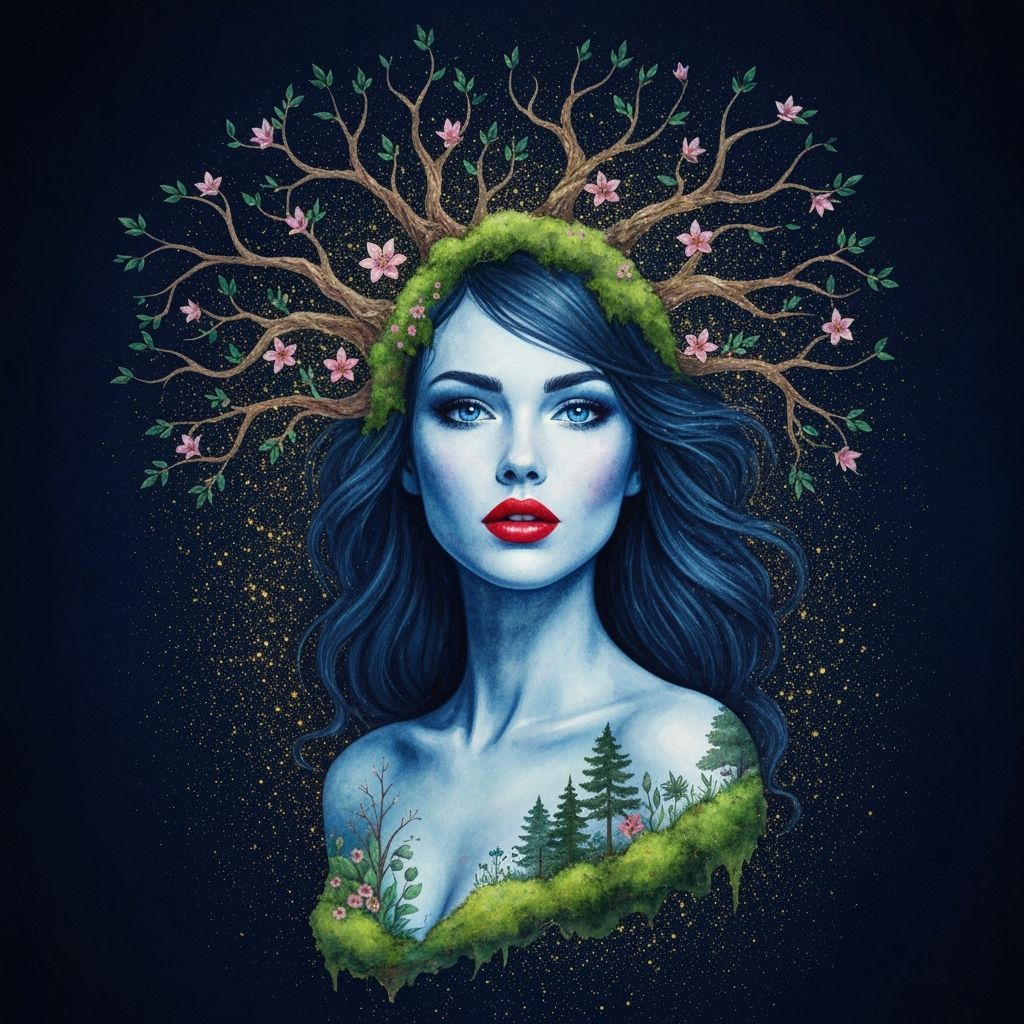 Surreal Watercolor Portrait of Blue-Haired Woman