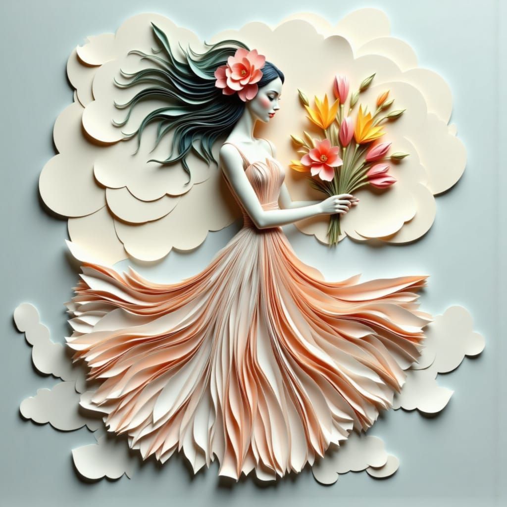 Origami Girl in Floral Dress on Cloud