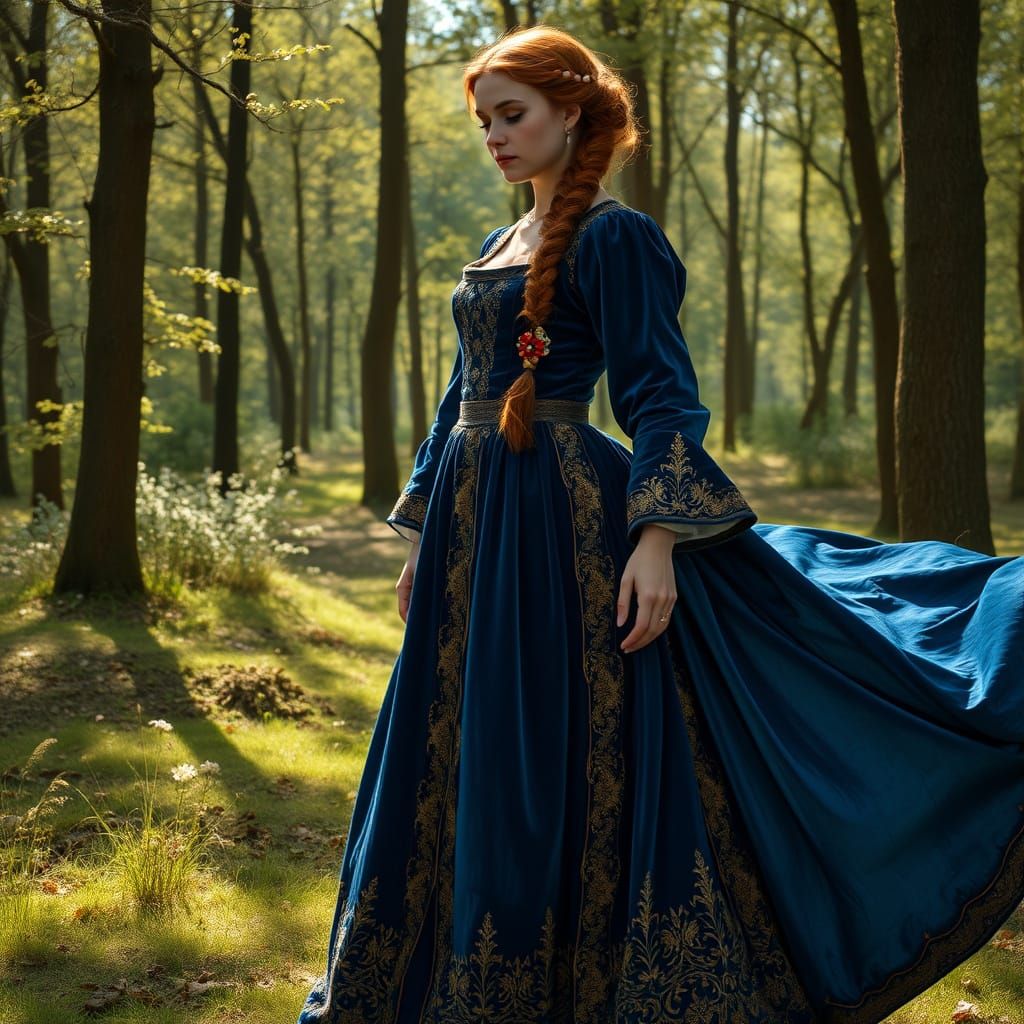 Medieval Woman in Blue Velvet Dress in Forest