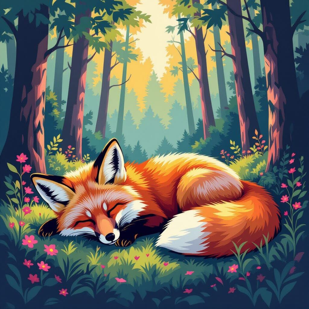 Pink Fox Sleeping in Serene Forest Clearing Pop Art Style