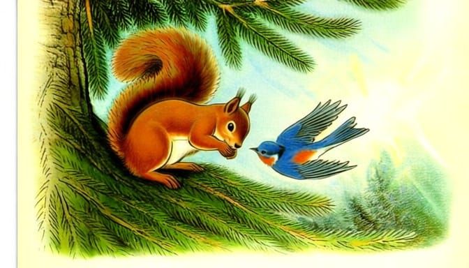 Cute Squirrel and Bluebird Embrace on Fir Branch Illustratio...
