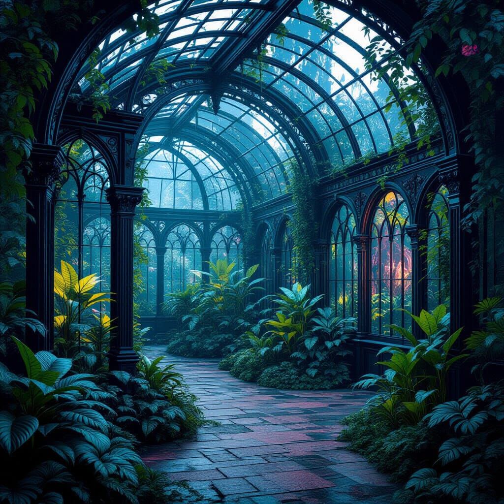 Gothic Greenhouse with Bioluminescent Plants