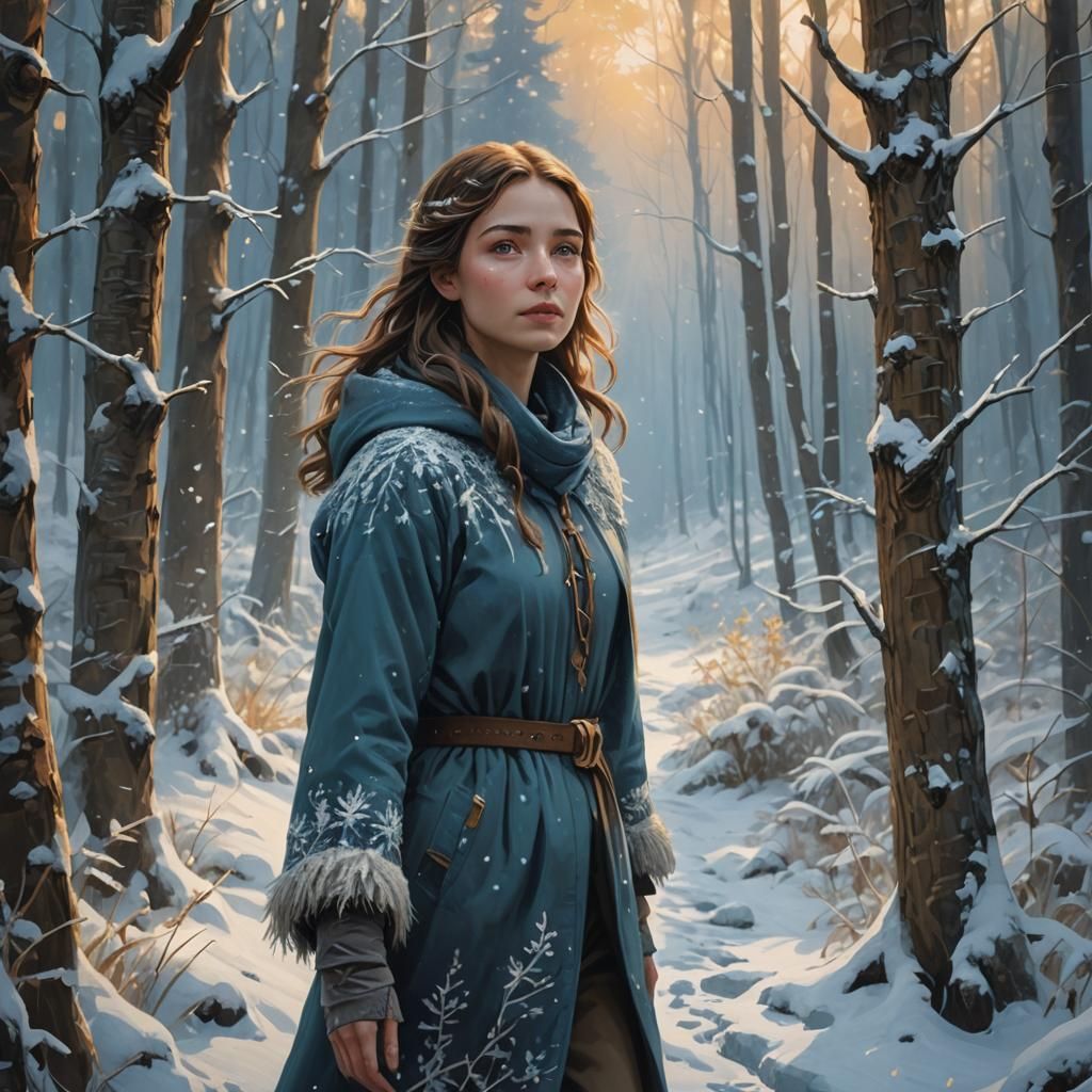 Girl Walking in Snowy Forest: Fantasy Matte Painting