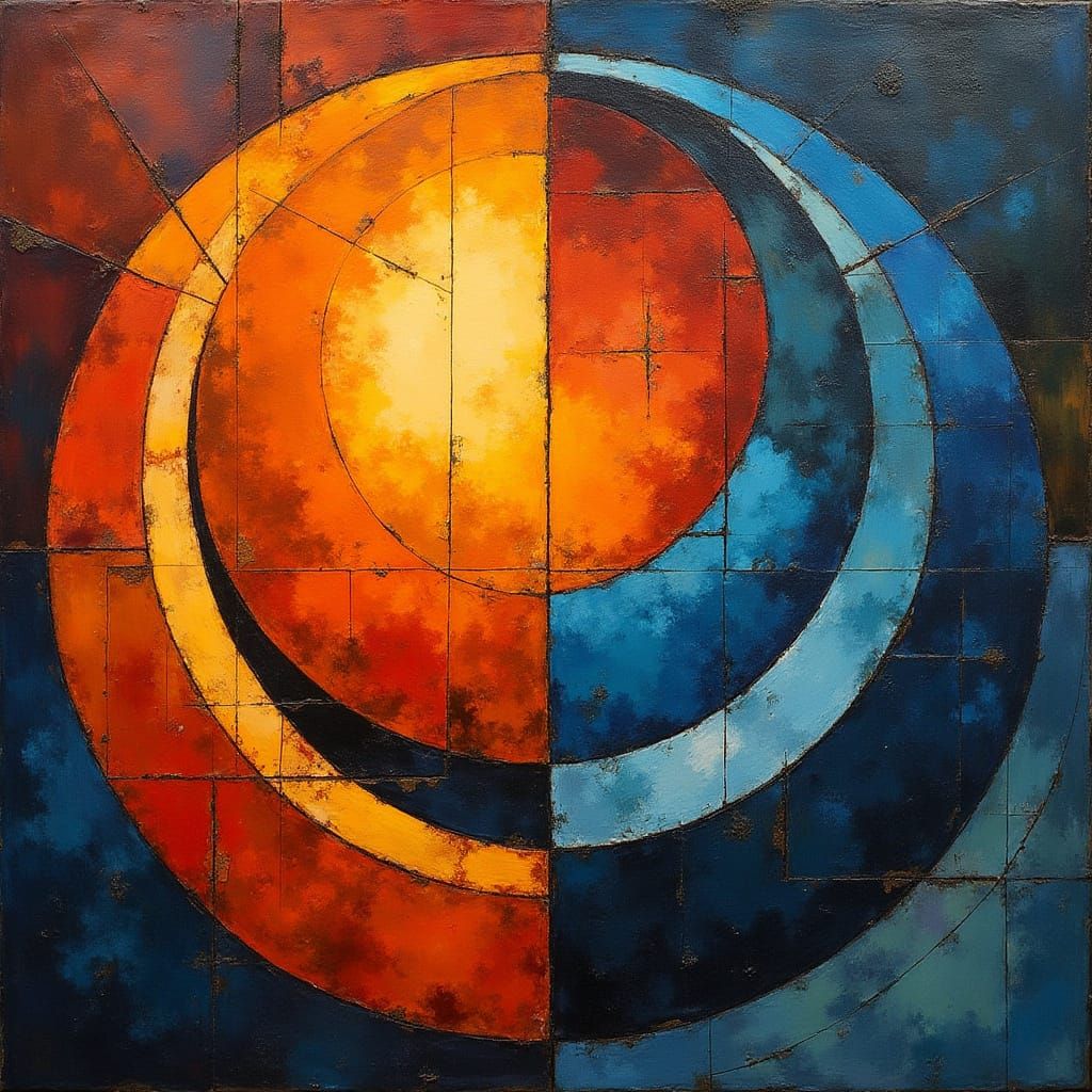 Cubist Sun and Moon Duality in Fiery Orange and Deep Blue