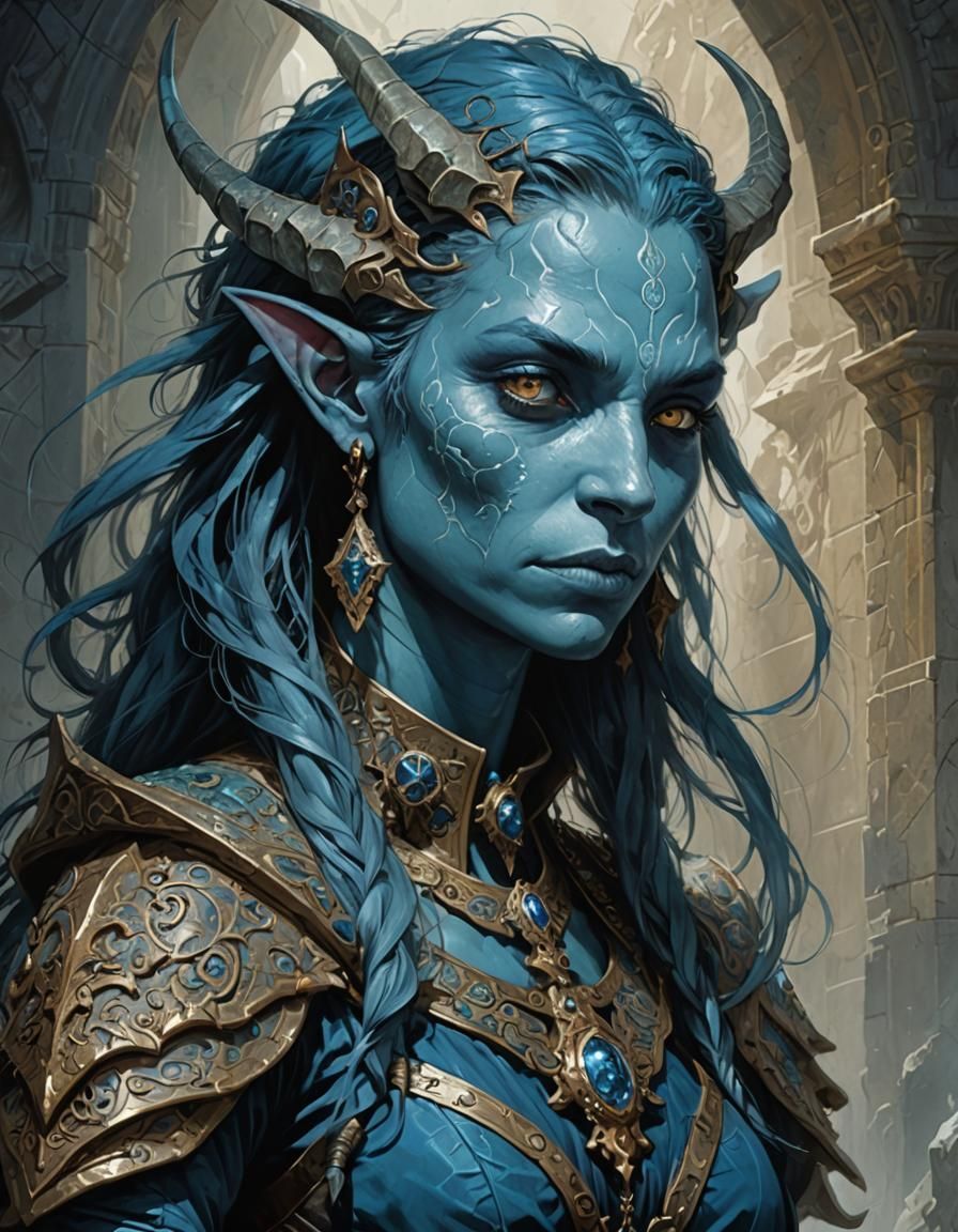 Gorgeous Blue Tiefling Portrait in Fantasy Style