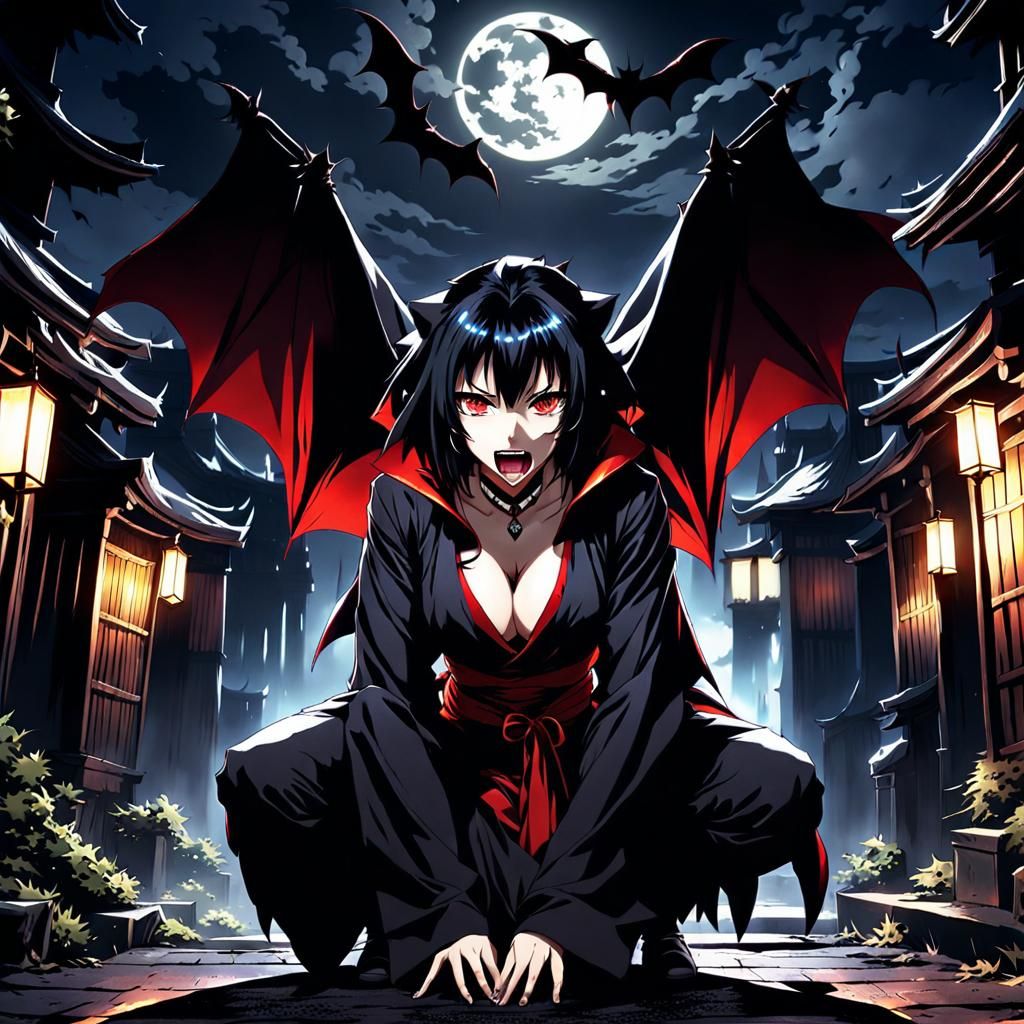 Feral Vampire Girl in Anime Style at Night