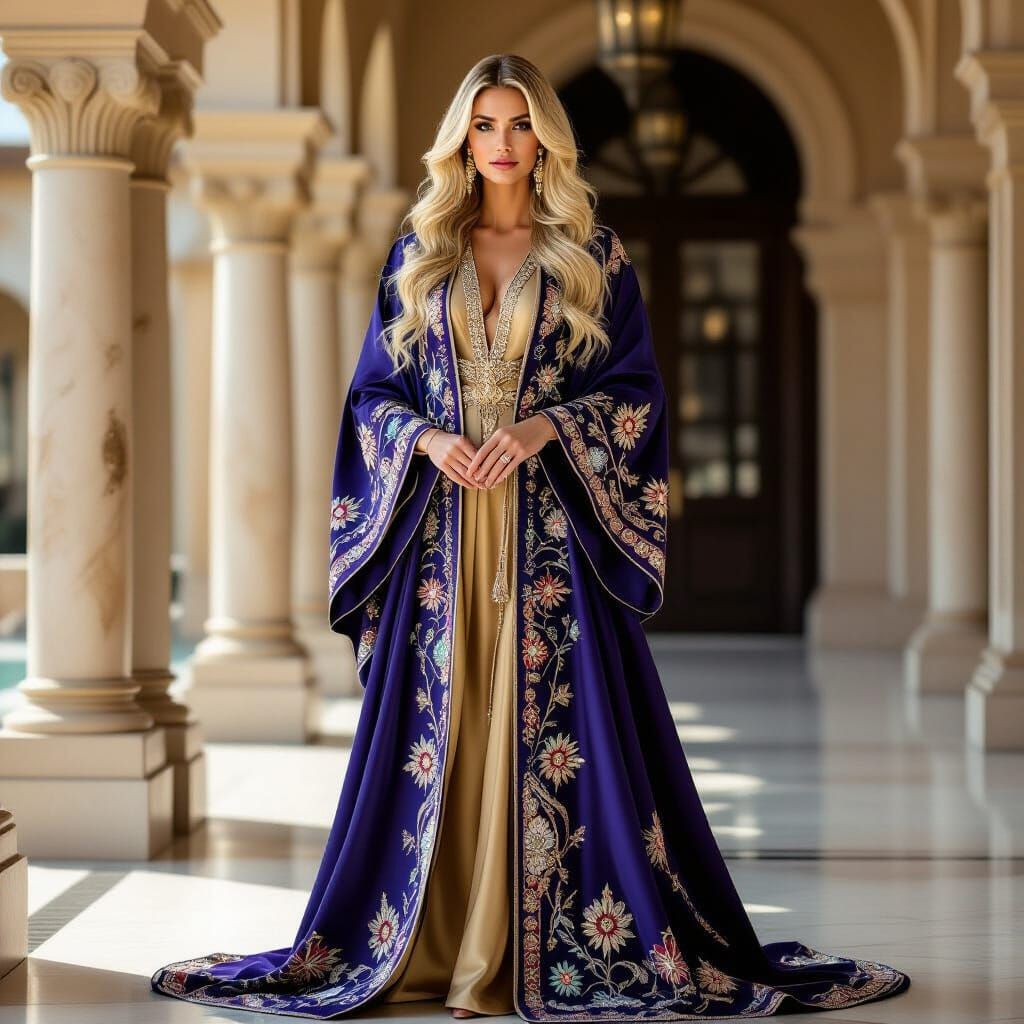 Majestic Blonde in Luxurious Abaya: Cinematic Fashion