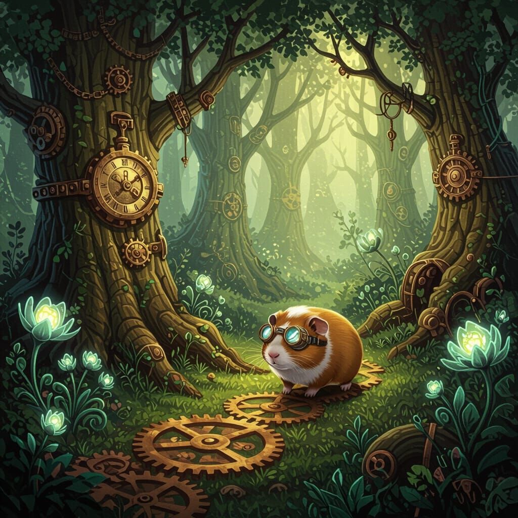 Steampunk Forest: Clockwork Trees & Glowing Guinea Pig