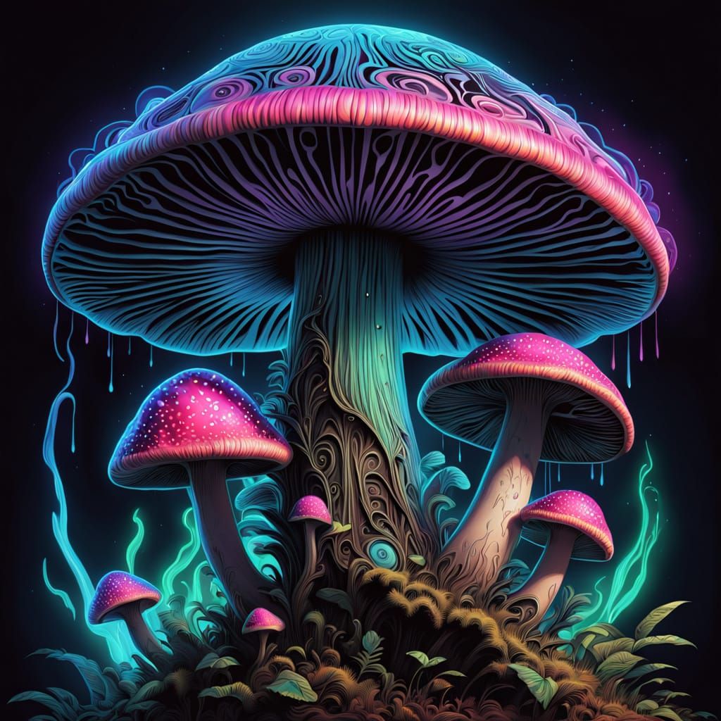 Glowing Divine Mushroom in Iridescent Neon Colors