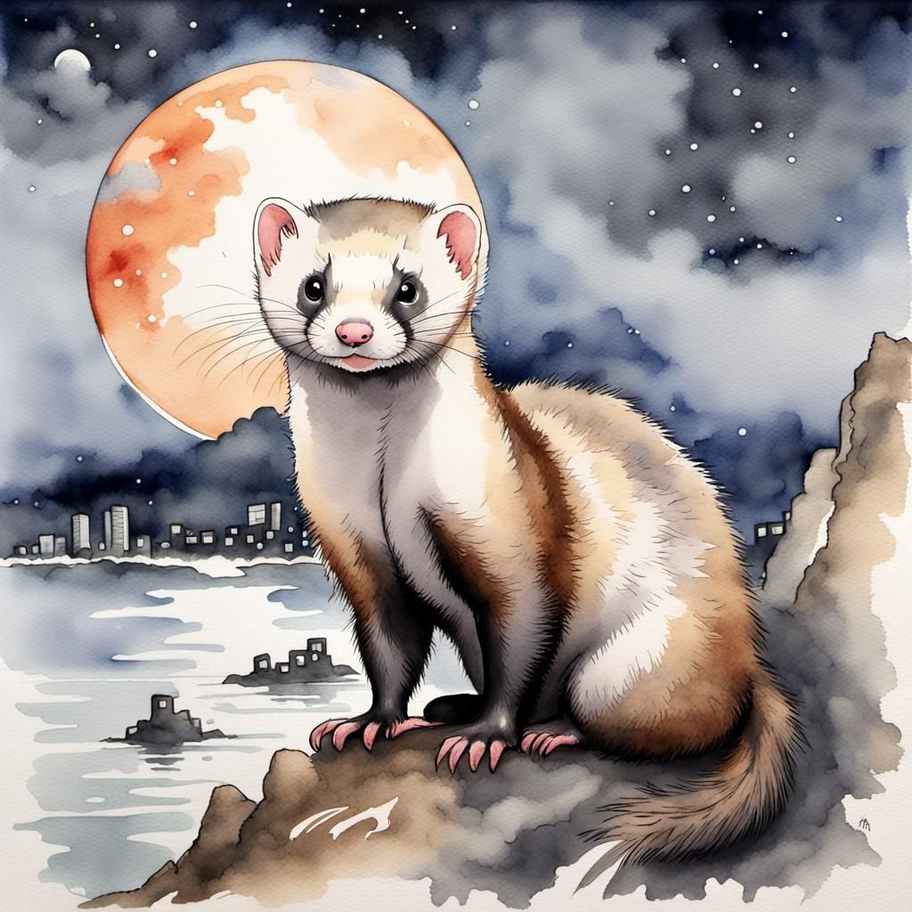 Japanese Marten in Watercolor Cityscape Moonscape