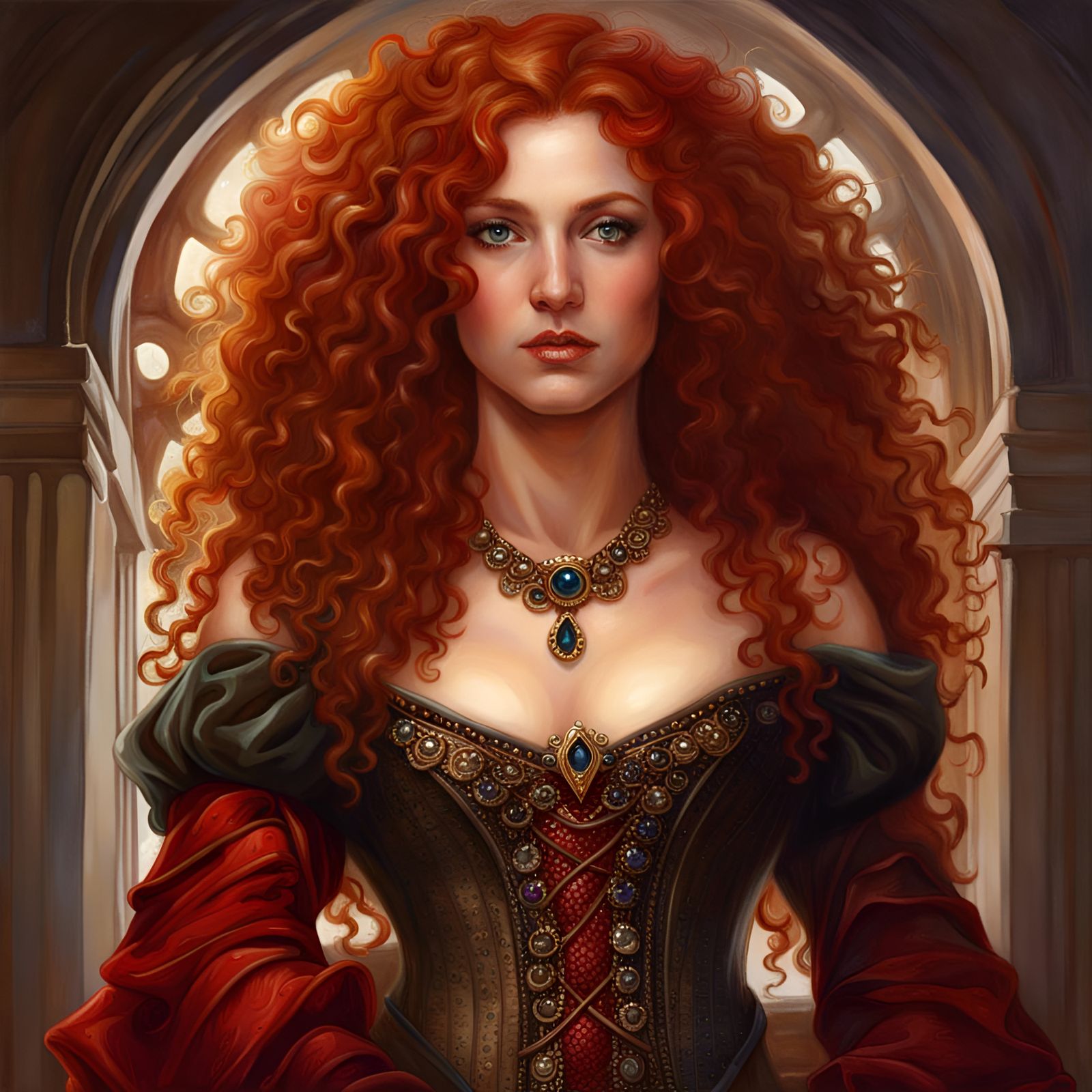Lady Britomart Portrait with Red Hair and Jeweled Corset