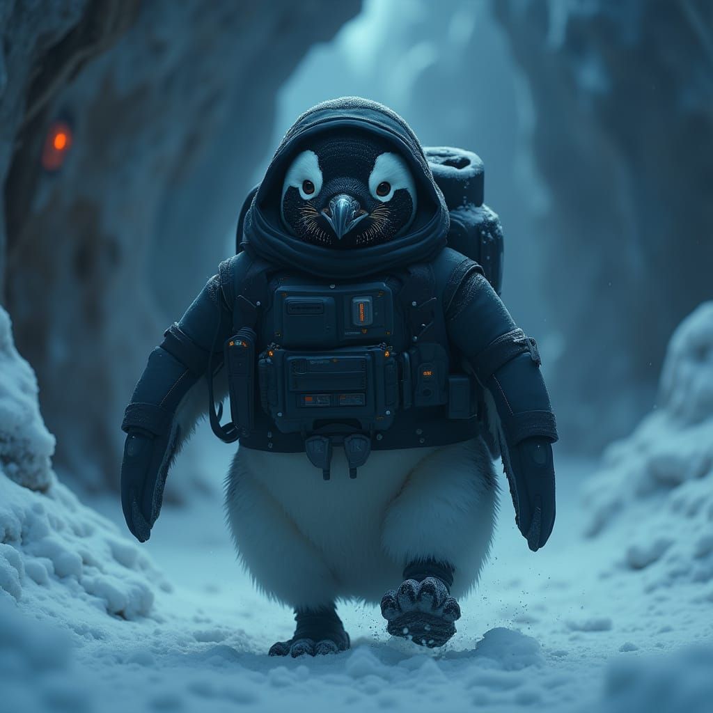 Tactical Penguin Infiltration in Cyberpunk Style