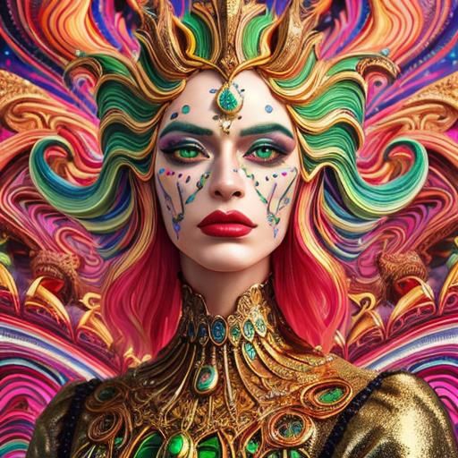 Psychedelic 3D Face in Gold and Green