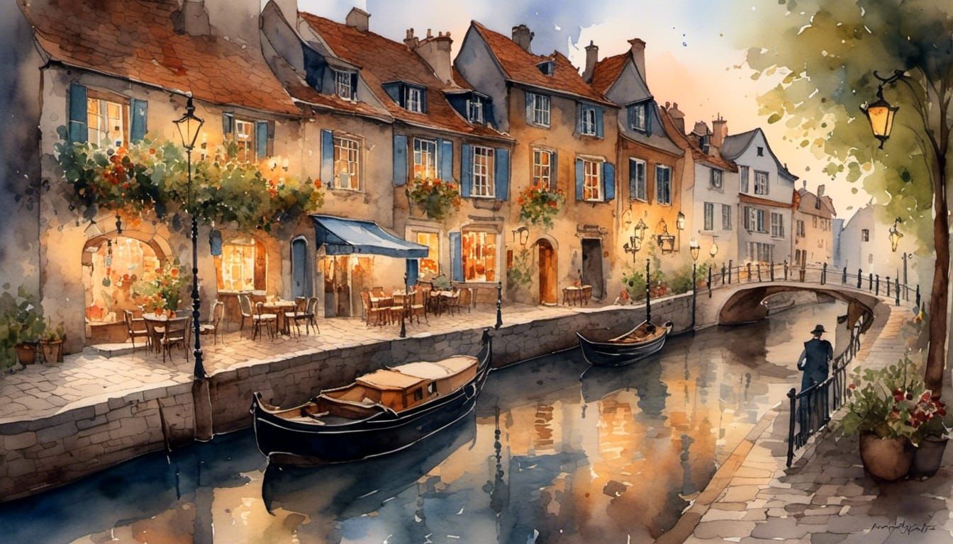 European Street Scene at Dusk: Antique Watercolor Painting