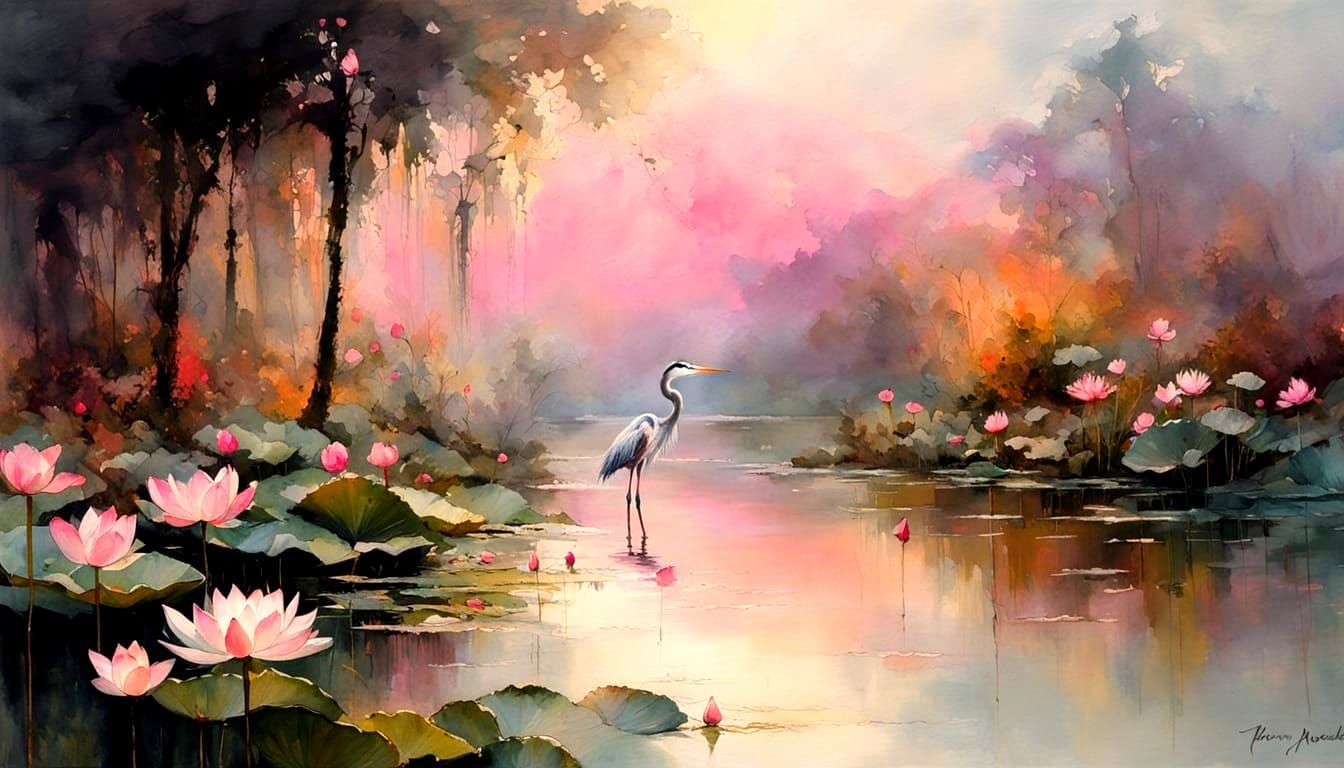 Exotic Fractal Landscape with Lotus Flowers at Sunset