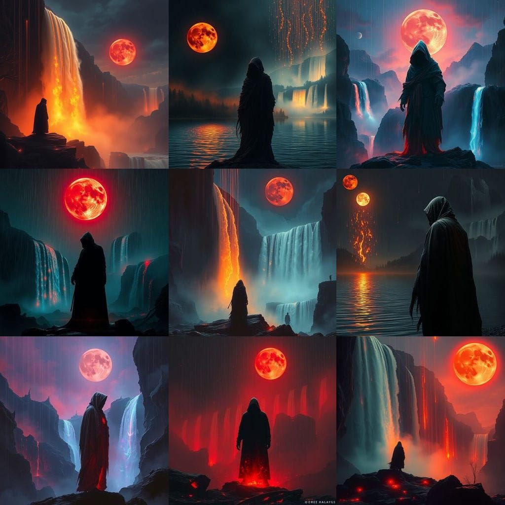 Glowing Figure Illuminates Blood Moon Landscape in Cyberpunk...