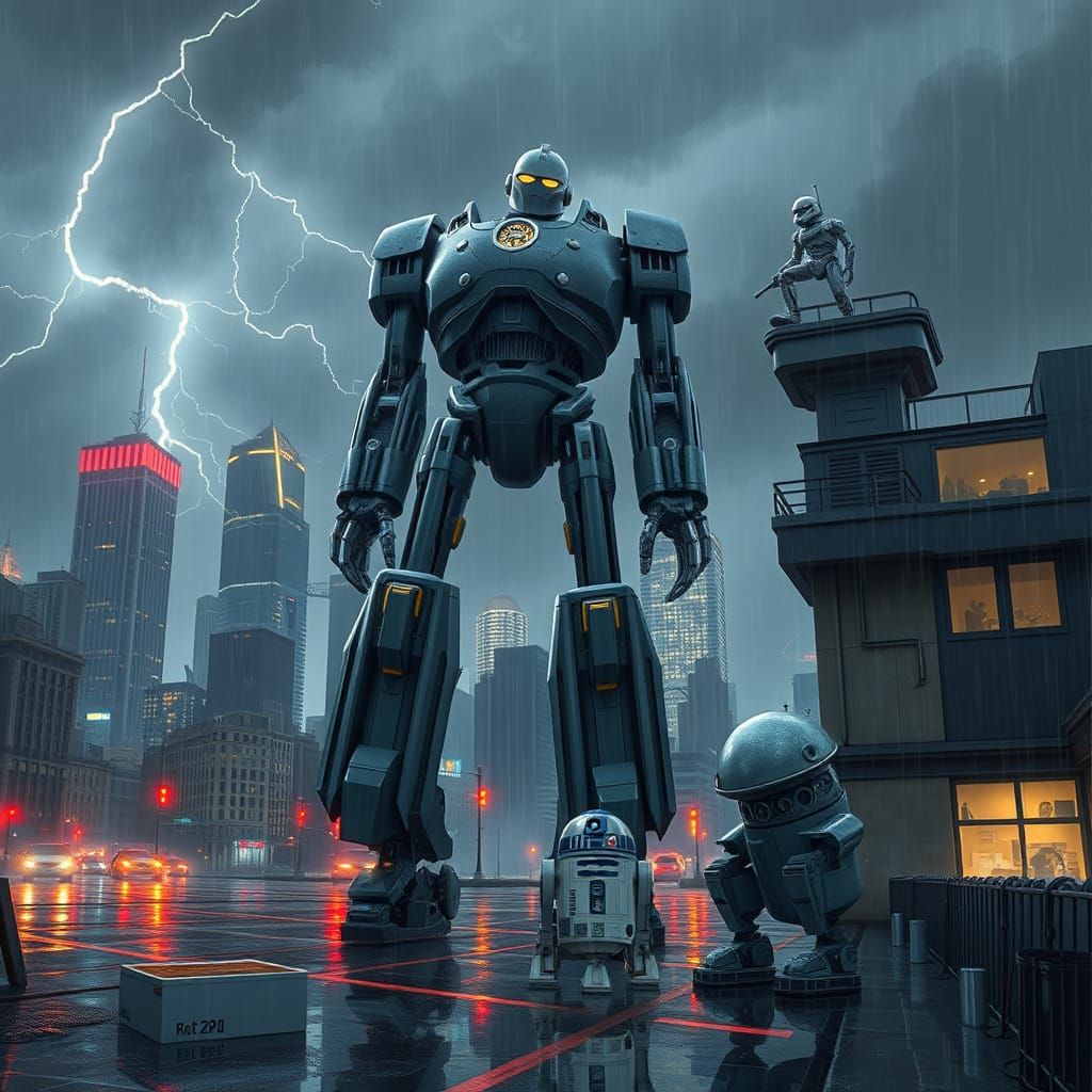 Cyberpunk Seattle Stormscape with Iron Giant and Robots