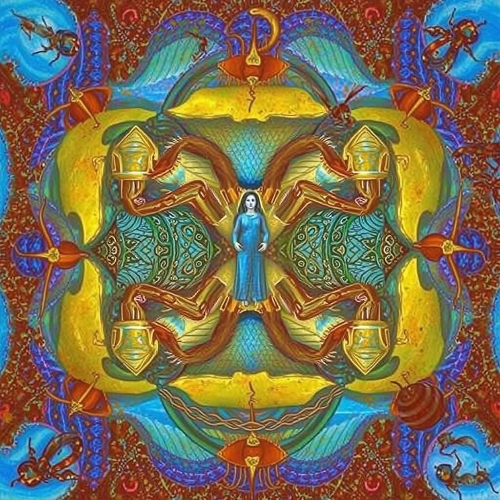 Dreamlike Figure with Snake-Spider in Surreal Landscape