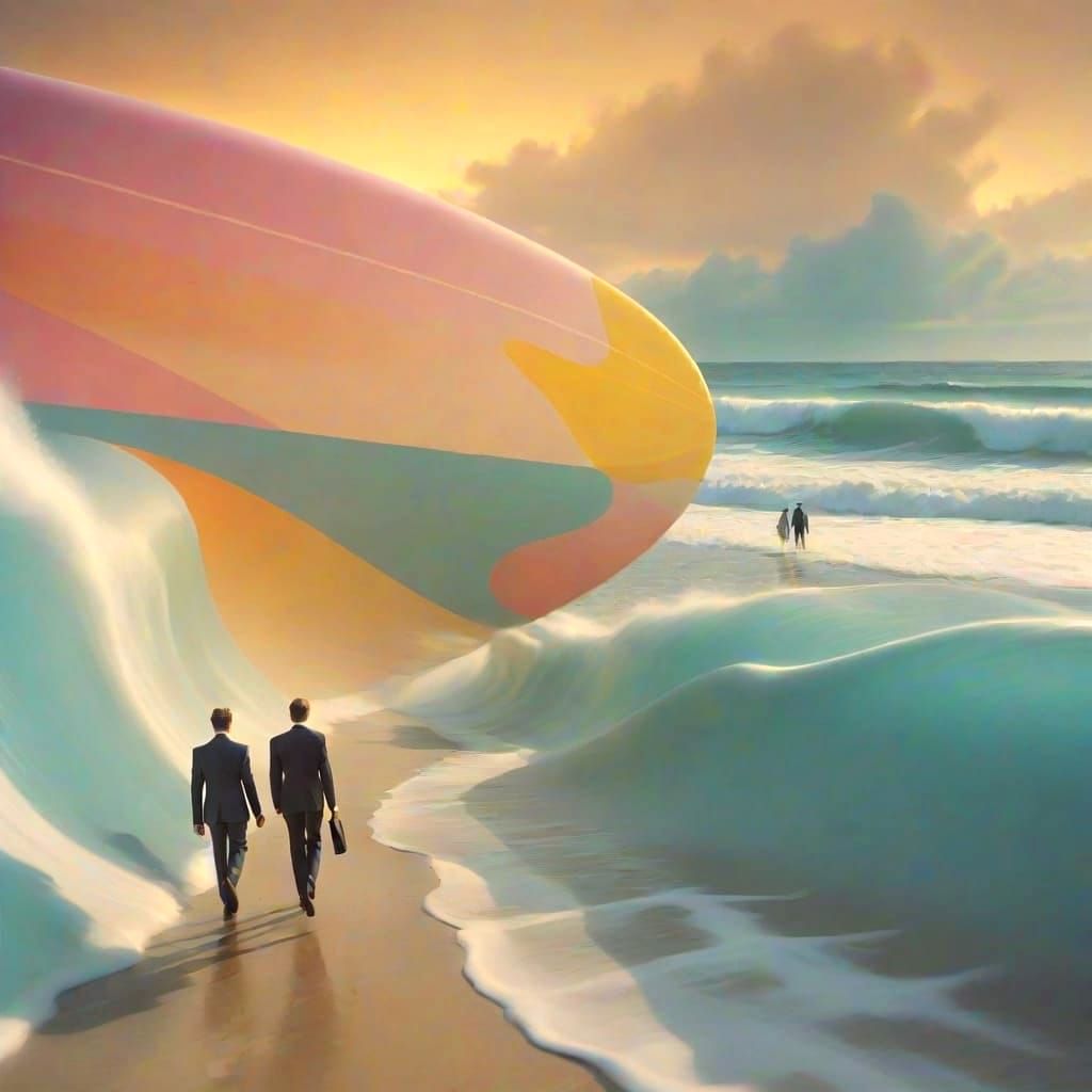 Surreal Beach Scene with Futuristic Elements and Flowing For...