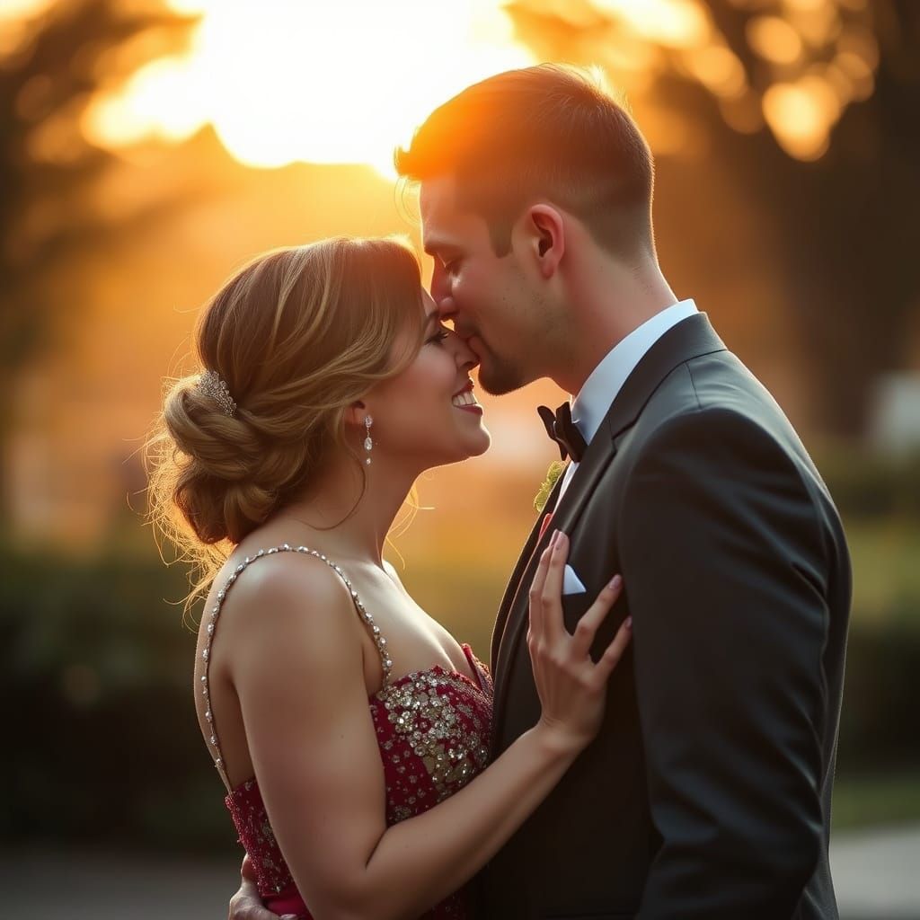 A romantic image of a couple kissing at sunset, creating a w...