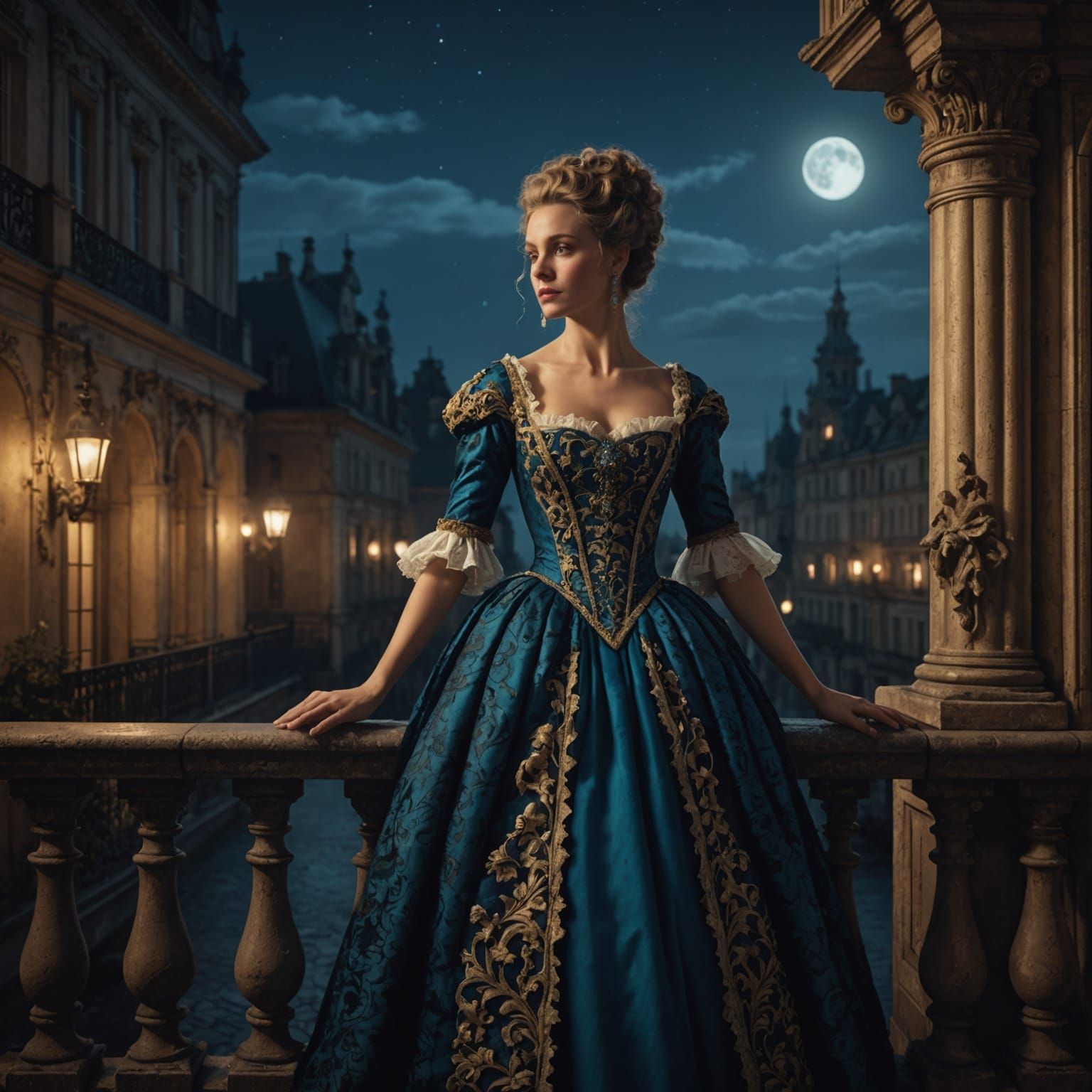 Rococo Woman on Balcony at Night