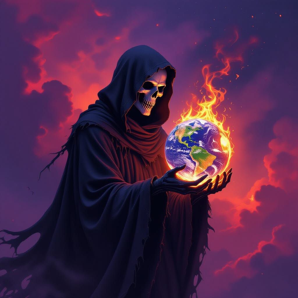 Burning Earth Held by Grim Reaper in Nebula