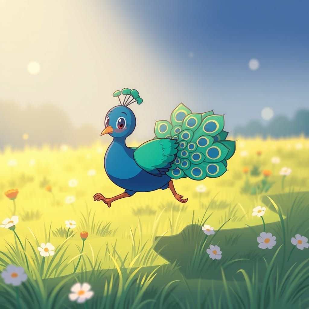 Chibi Peacock in Anime Style Sprints Through Vibrant Field